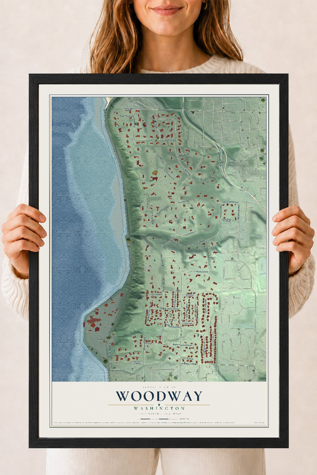Map of Woodway, Washington, 18 x 24 inch print in a black wood frame