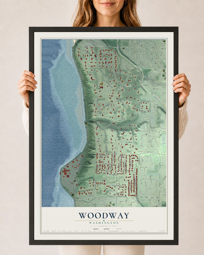 Map of Woodway, Washington, 24 x 36 inch print in a black wood frame