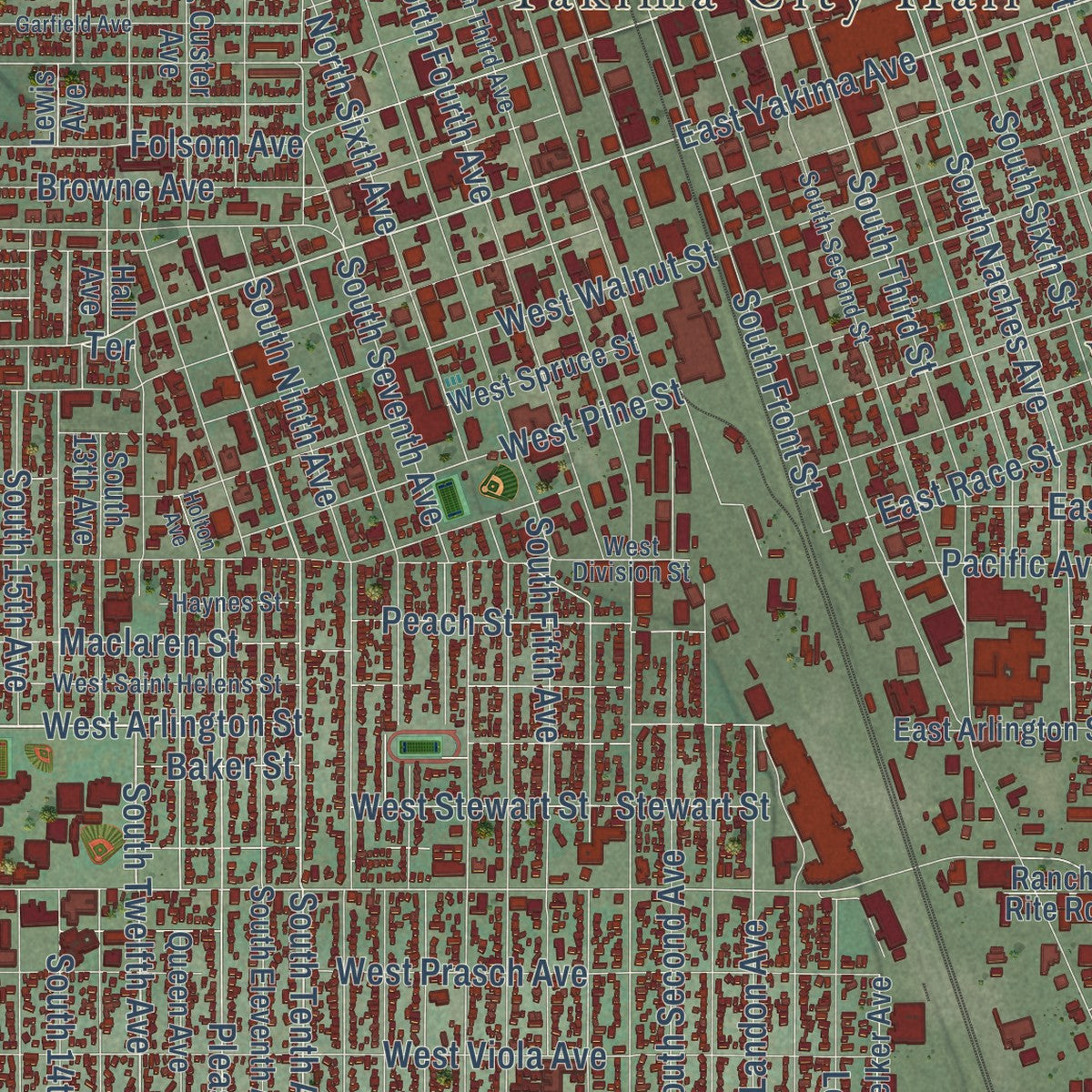 Second close-up of the map of Yakima, Washington print showing more streets and buildings