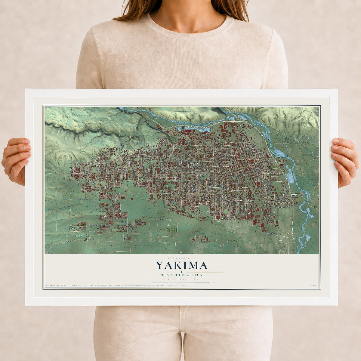 Map of Yakima, Washington, 12 x 18 inch print in a white wood frame