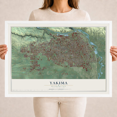 Map of Yakima, Washington, 18 x 24 inch print in a white wood frame