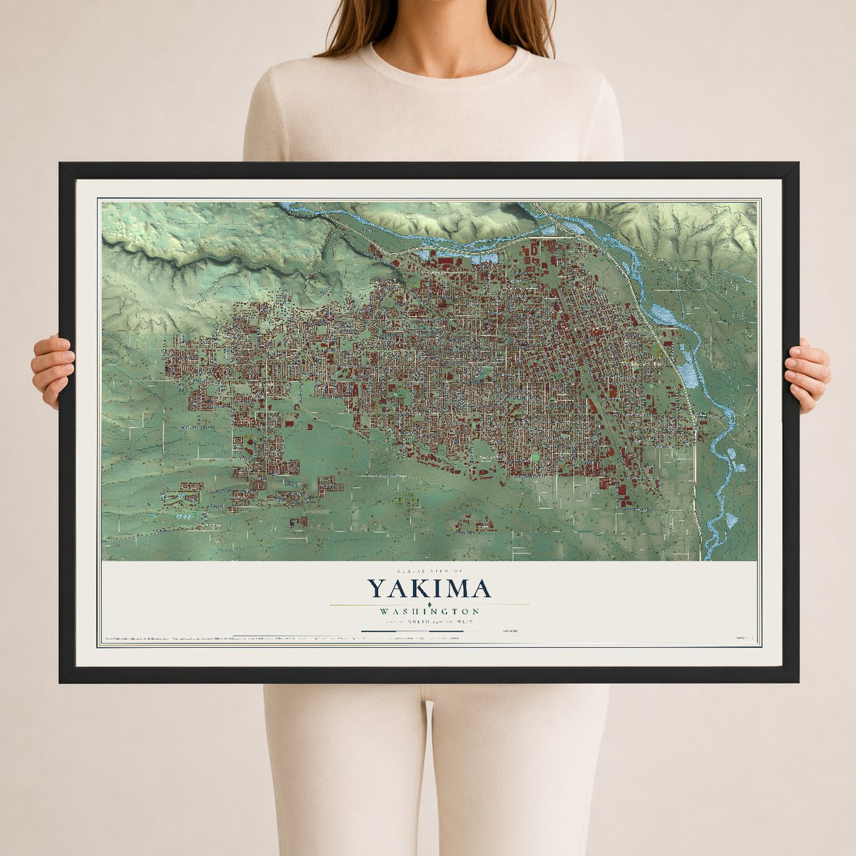Map of Yakima, Washington, 24 x 36 inch print in a black wood frame
