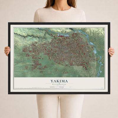 Map of Yakima, Washington, 24 x 36 inch print in a black wood frame