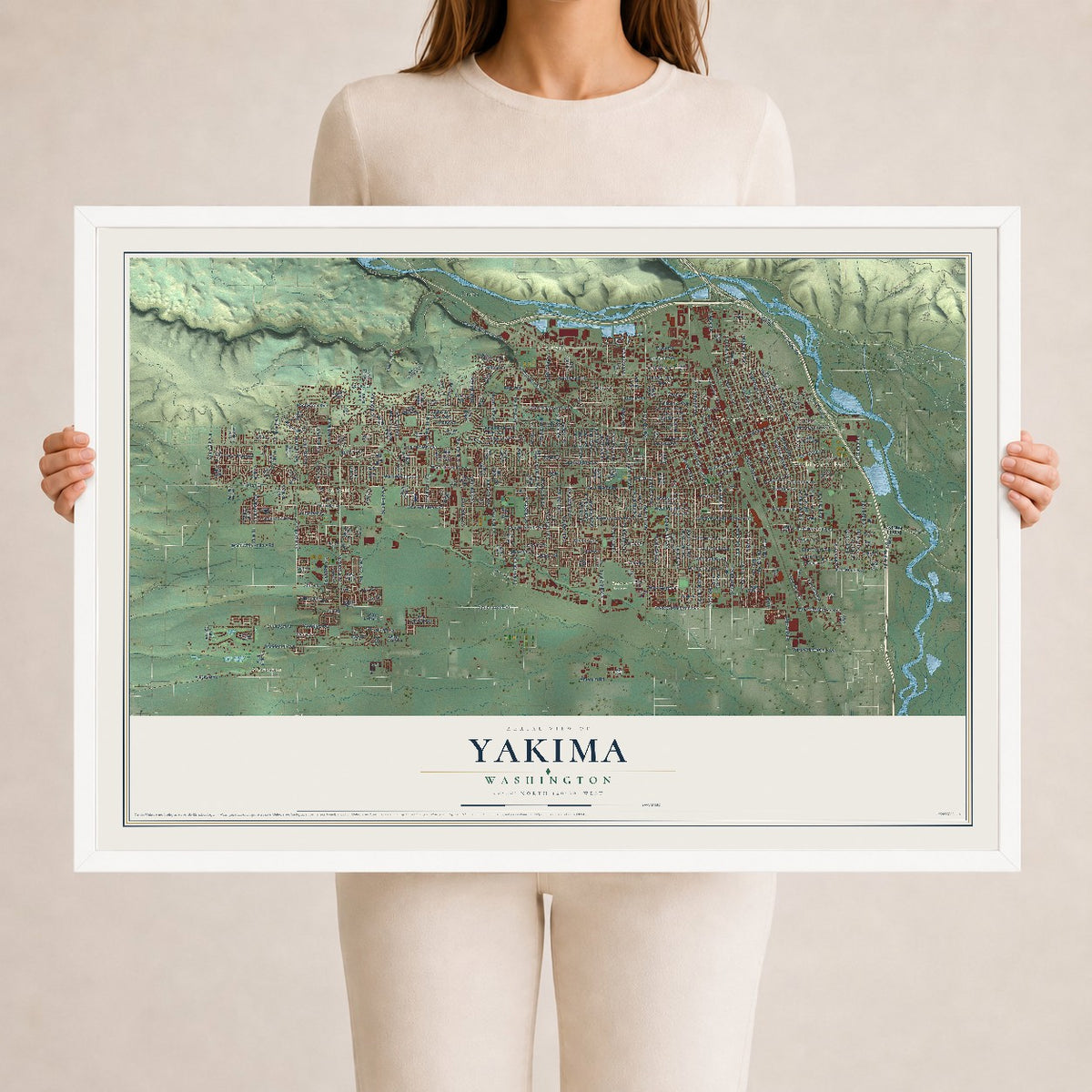 Map of Yakima, Washington, 24 x 36 inch print in a white wood frame