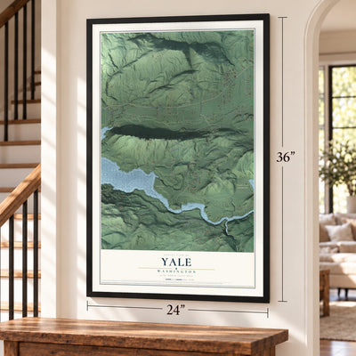 Yale, Washington map, 24 x 36 inch print in a black frame by a staircase