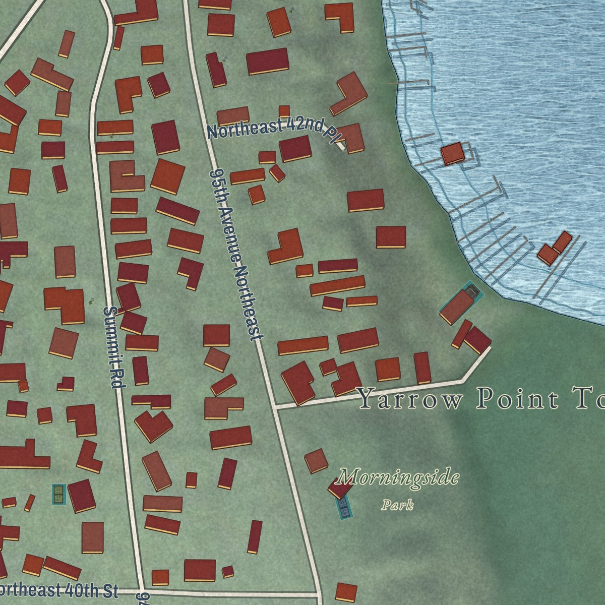 Second close-up of the map of Yarrow Point, Washington print showing more streets and buildings