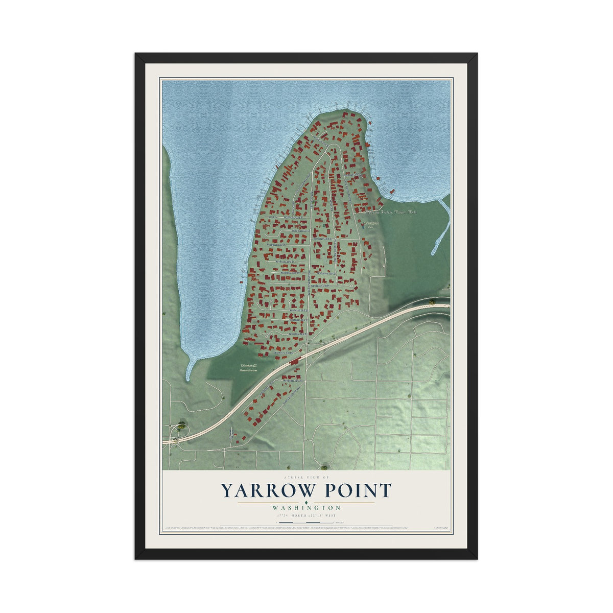 Map of Yarrow Point, Washington, 12 x 18 inch print in a black wood frame