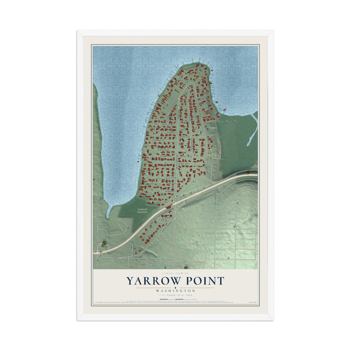 Map of Yarrow Point, Washington, 12 x 18 inch print in a white wood frame