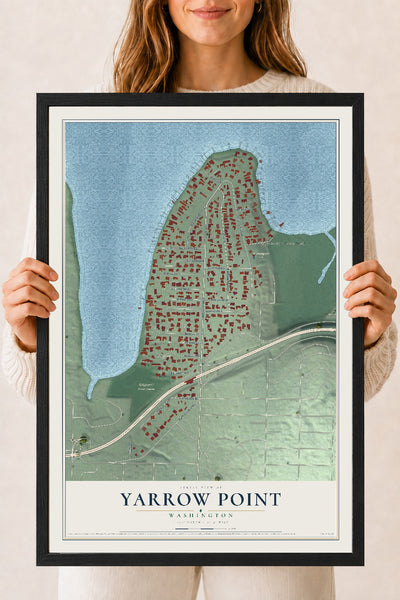 Map of Yarrow Point, Washington, 18 x 24 inch print in a black wood frame