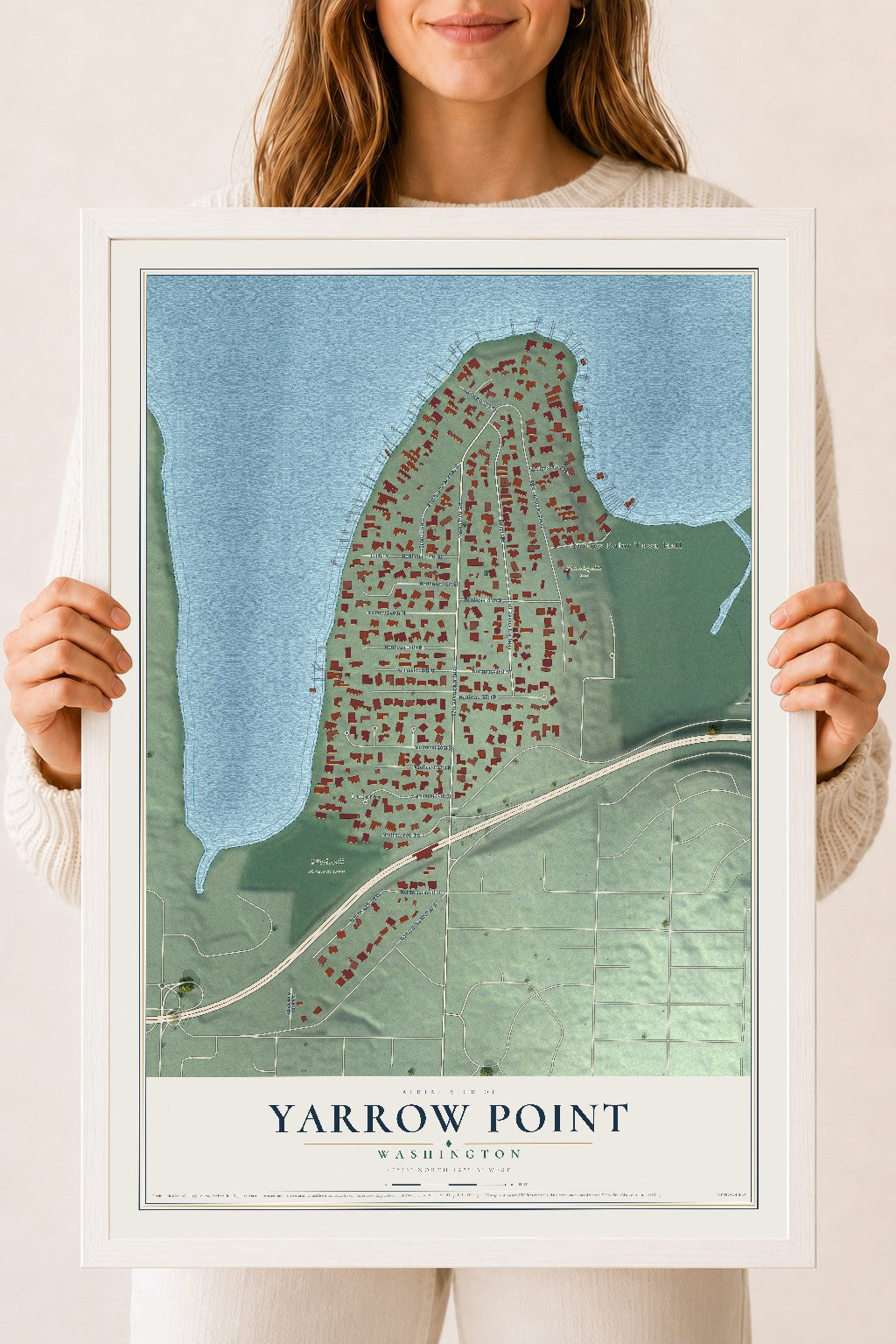 Map of Yarrow Point, Washington, 18 x 24 inch print in a white wood frame