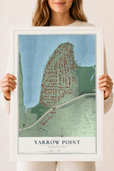 Map of Yarrow Point, Washington, 18 x 24 inch print in a white wood frame