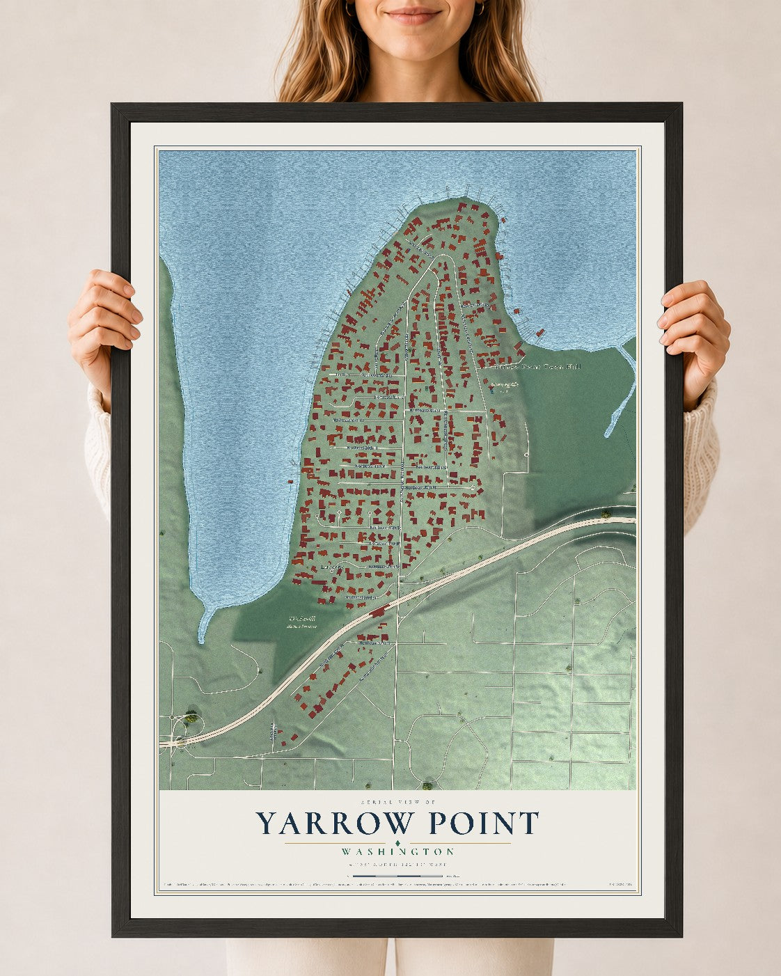 Map of Yarrow Point, Washington, 24 x 36 inch print in a black wood frame