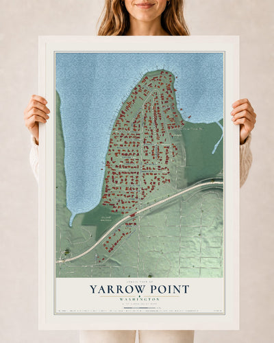 Map of Yarrow Point, Washington, 24 x 36 inch print in a white wood frame
