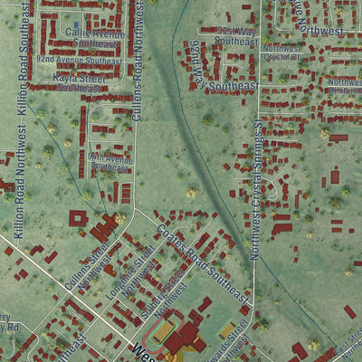 Close-up of the map of Yelm, Washington print showing street and building detail
