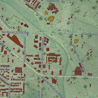 Second close-up of the map of Yelm, Washington print showing more streets and buildings