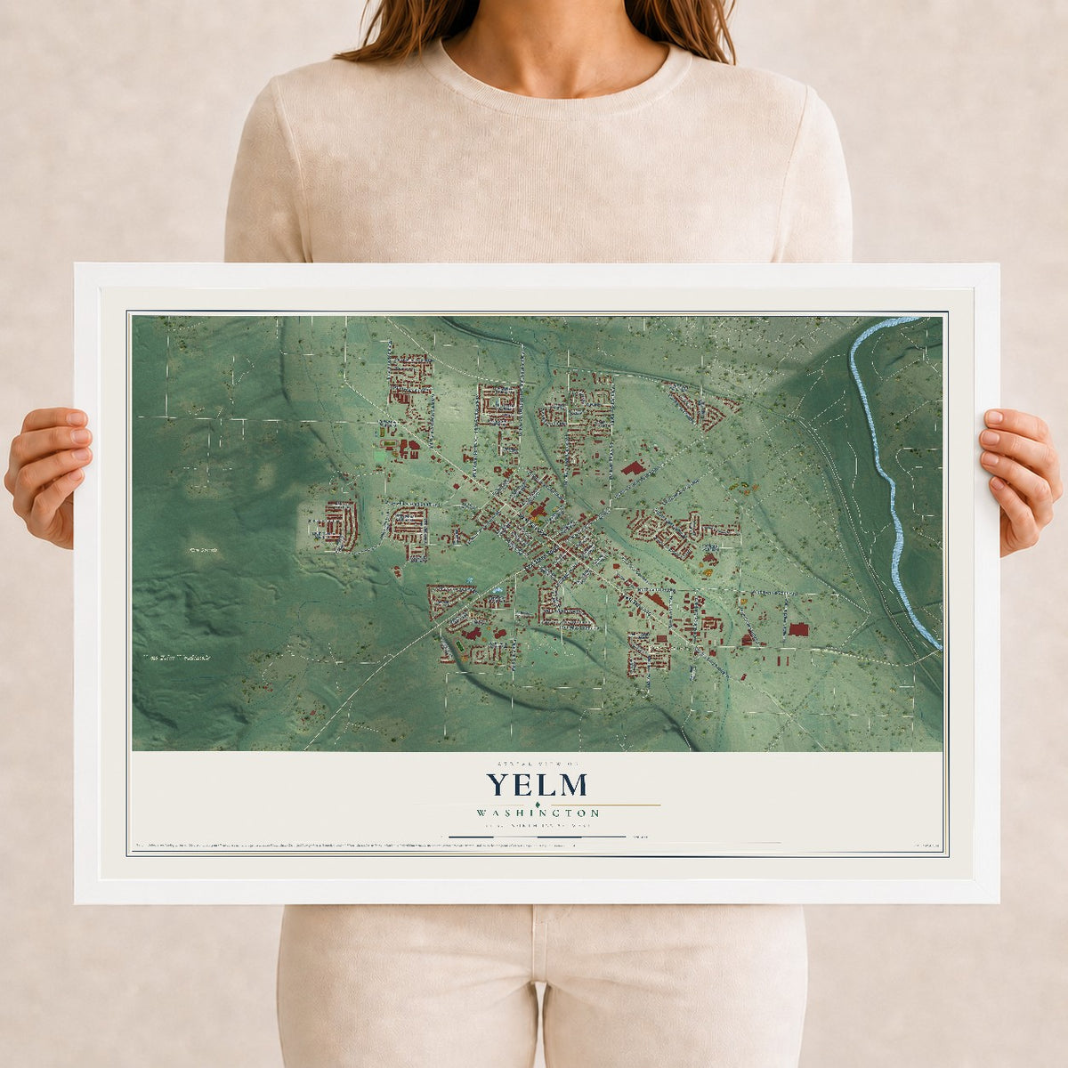 Map of Yelm, Washington, 12 x 18 inch print in a white wood frame