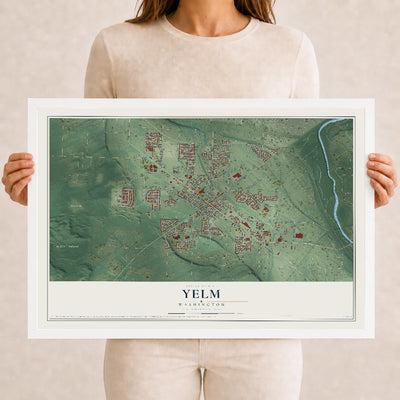 Map of Yelm, Washington, 12 x 18 inch print in a white wood frame