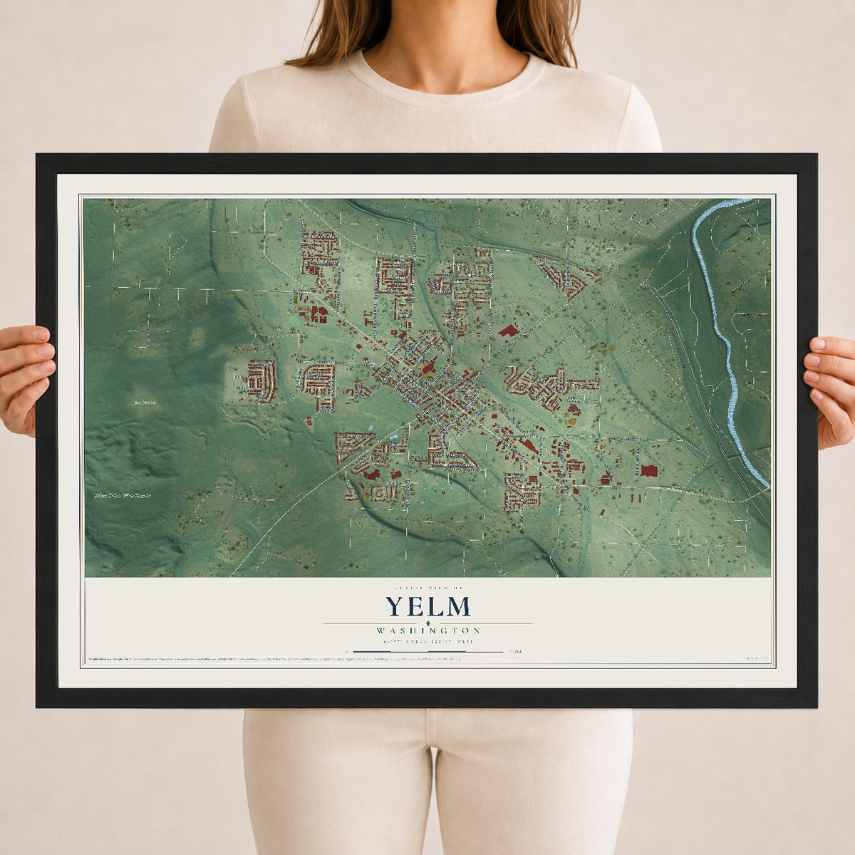 Map of Yelm, Washington, 18 x 24 inch print in a black wood frame