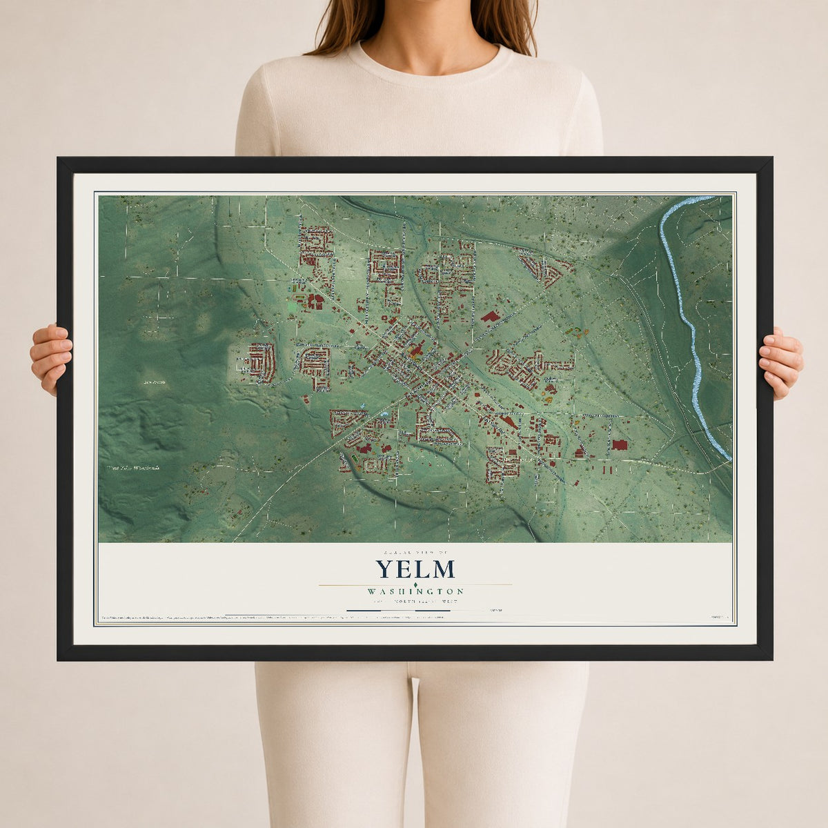 Map of Yelm, Washington, 24 x 36 inch print in a black wood frame