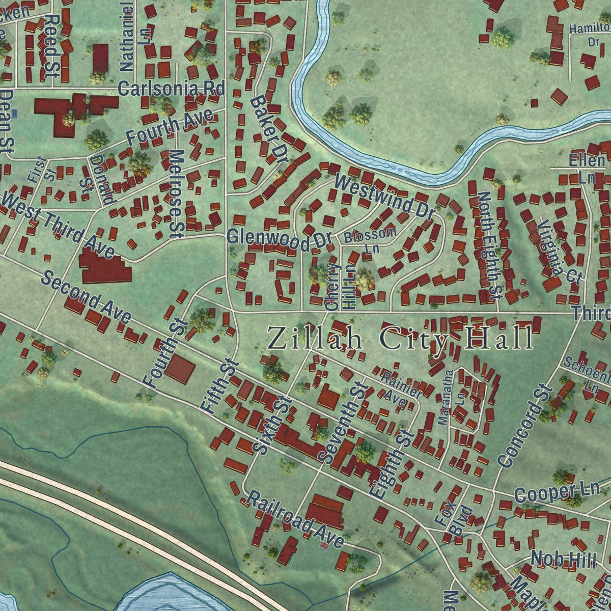 Close-up of the map of Zillah, Washington print showing street and building detail