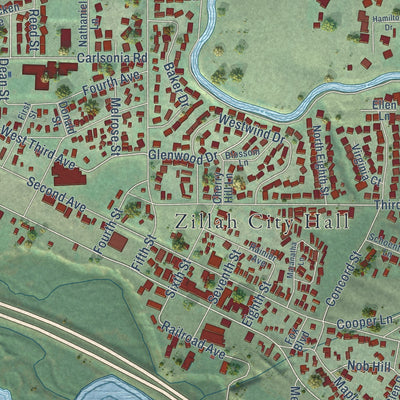 Close-up of the map of Zillah, Washington print showing street and building detail