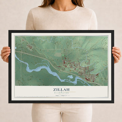 Map of Zillah, Washington, 12 x 18 inch print in a black wood frame