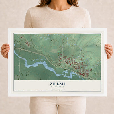 Map of Zillah, Washington, 12 x 18 inch print in a white wood frame