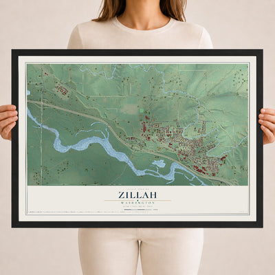 Map of Zillah, Washington, 18 x 24 inch print in a black wood frame