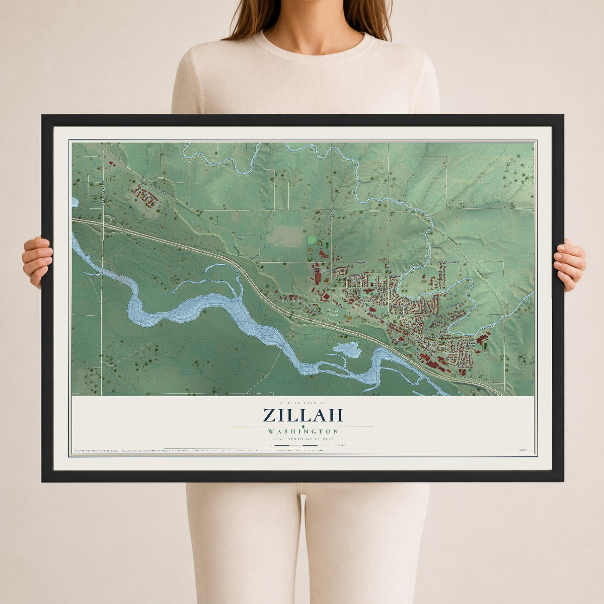Map of Zillah, Washington, 24 x 36 inch print in a black wood frame