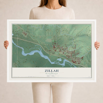 Map of Zillah, Washington, 24 x 36 inch print in a white wood frame