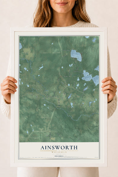Map of Ainsworth, Wisconsin, 18 x 24 inch print in a white wood frame