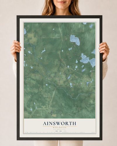 Map of Ainsworth, Wisconsin, 24 x 36 inch print in a black wood frame