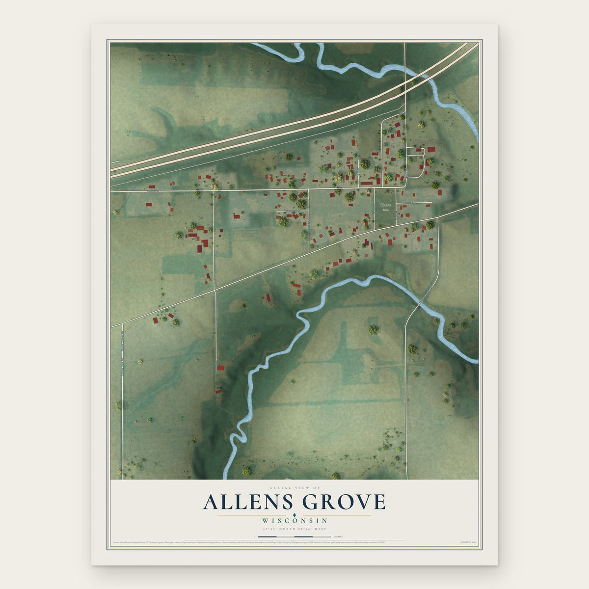 Allens Grove, Wisconsin map print, the full design