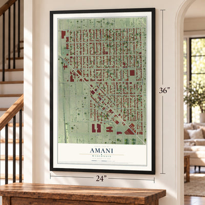 Amani, Wisconsin map, 24 x 36 inch print in a black frame by a staircase