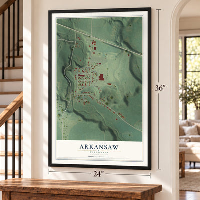 Arkansaw, Wisconsin map, 24 x 36 inch print in a black frame by a staircase