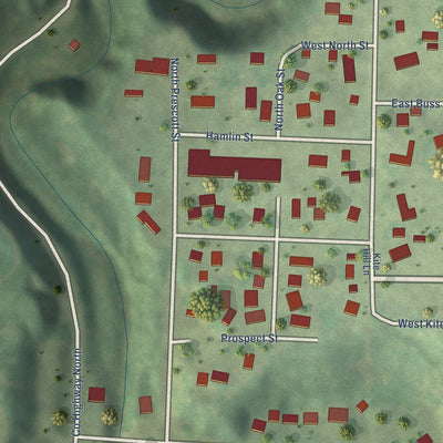 Close-up of the map of Arkansaw, Wisconsin print showing street and building detail