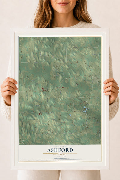 Map of Ashford, Wisconsin, 18 x 24 inch print in a white wood frame