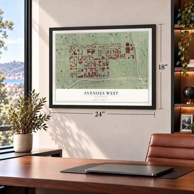 Avenues West, Wisconsin map, 18 x 24 inch print in a black frame in a home office