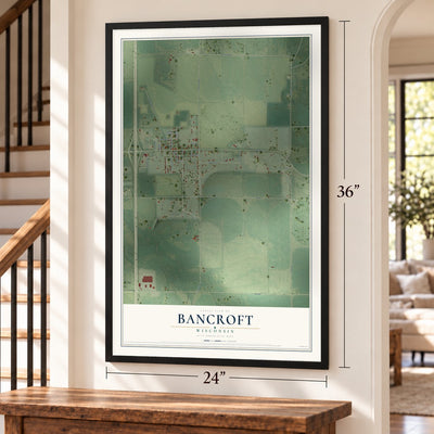 Bancroft, Wisconsin map, 24 x 36 inch print in a black frame by a staircase