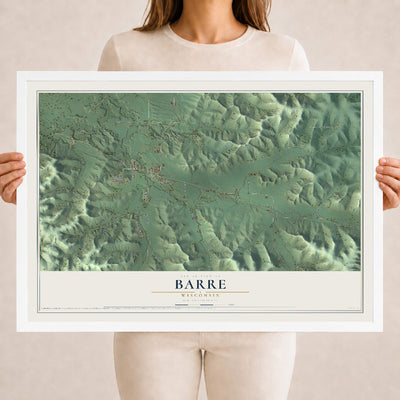 Map of Barre, Wisconsin, 18 x 24 inch print in a white wood frame