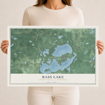 Map of Bass Lake, Sawyer County, Wisconsin, 12 x 18 inch unframed archival matte print
