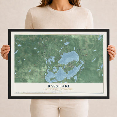 Map of Bass Lake, Sawyer County, Wisconsin, 12 x 18 inch print in a black wood frame