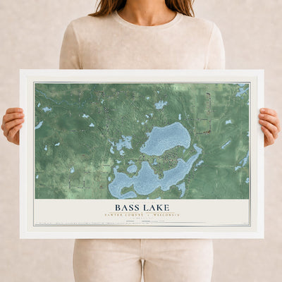 Map of Bass Lake, Sawyer County, Wisconsin, 12 x 18 inch print in a white wood frame
