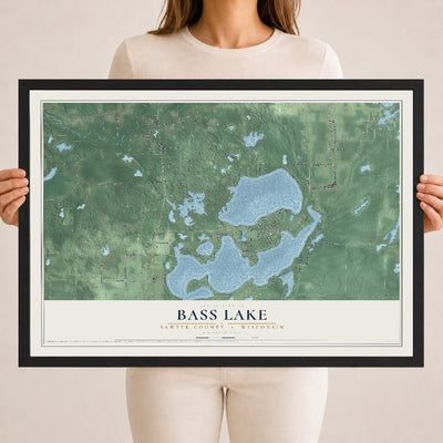 Map of Bass Lake, Sawyer County, Wisconsin, 18 x 24 inch print in a black wood frame