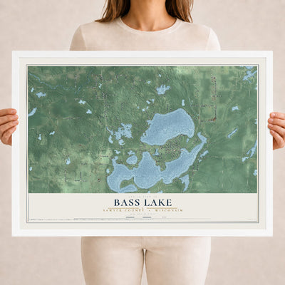 Map of Bass Lake, Sawyer County, Wisconsin, 18 x 24 inch print in a white wood frame