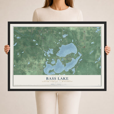 Map of Bass Lake, Sawyer County, Wisconsin, 24 x 36 inch print in a black wood frame
