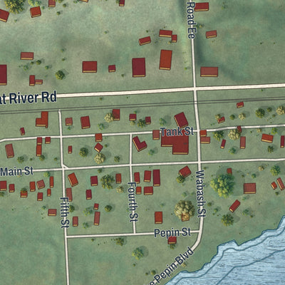 Close-up of the map of Bay City, Wisconsin print showing street and building detail
