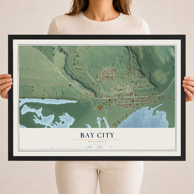 Map of Bay City, Wisconsin, 18 x 24 inch print in a black wood frame