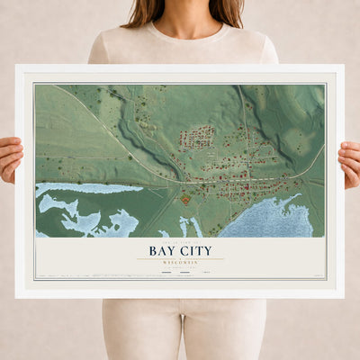 Map of Bay City, Wisconsin, 18 x 24 inch print in a white wood frame