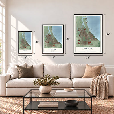 Bay View, Wisconsin map in 12 x 18, 18 x 24 and 24 x 36 inch sizes above a sofa